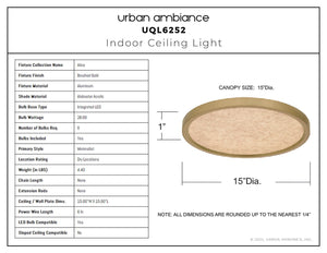 Urban Ambiance - Ceiling Light - UQL6252 Minimalist Indoor Ceiling Light, 1.00''H x 15.00''W x 15.00''Dep, Brushed Gold Finish, Alice Collection - 