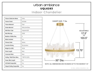 Urban Ambiance - Chandelier - UQL6263 Modern Indoor Chandelier, 13.75''H x 30.00''W x 30.00''Dep, Soft Gold Finish, Salina Collection - 