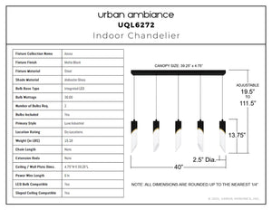 Urban Ambiance - Chandelier - UQL6272 Luxe Industrial Indoor Chandelier, 13.75''H x 40.00''W x 2.50''Dep, Matte Black Finish, Azusa Collection - 