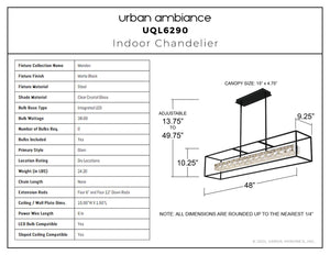Urban Ambiance - Chandelier - UQL6290 Glam Indoor Chandelier, 10.25''H x 48.00''W x 9.25''Dep, Matte Black Finish, Menden Collection - 