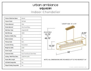 Urban Ambiance - Chandelier - UQL6291 Glam Indoor Chandelier, 10.25''H x 48.00''W x 9.25''Dep, Soft Gold Finish, Menden Collection - 