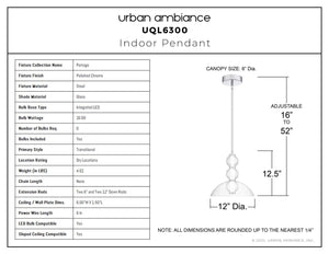 Urban Ambiance - Pendant - UQL6300 Transitional Indoor Pendant, 12.50''H x 12.00''W x 12.00''Dep, Polished Chrome Finish, Portage Collection - 