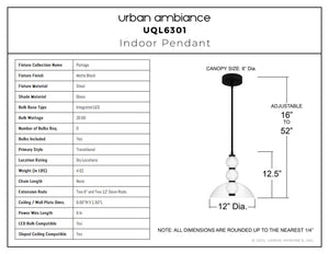 Urban Ambiance - Pendant - UQL6301 Transitional Indoor Pendant, 12.50''H x 12.00''W x 12.00''Dep, Matte Black Finish, Portage Collection - 