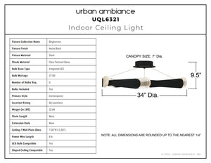 Urban Ambiance - Ceiling Light - UQL6321 Contemporary Indoor Ceiling Light, 9.50''H x 34.00''W x 34.00''Dep, Matte Black Finish, Binghamton Collection - 