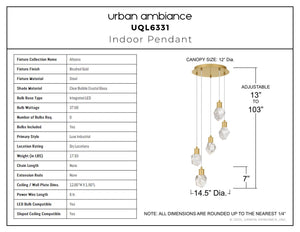 Urban Ambiance - Pendant - UQL6331 Luxe Industrial Indoor Pendant, 7.00''H x 14.50''W x 14.50''Dep, Brushed Gold Finish, Altoona Collection - 