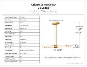 Urban Ambiance - Chandelier - UQL6350 Luxe Industrial Indoor Chandelier, 4.50''H x 46.00''W x 3.50''Dep, Brushed Gold Finish, Farmington Collection - 