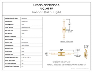 Urban Ambiance - Bath Light - UQL6355 Luxe Industrial Indoor Bath Light, 4.50''H x 32.00''W x 3.75''Dep, Brushed Gold Finish, Farmington Collection - 
