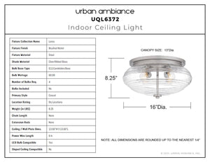 Urban Ambiance - Ceiling Light - UQL6372 Casual Indoor Ceiling Light, 8.25''H x 16.00''W x 16.00''Dep, Brushed Nickel Finish, Lacey Collection - 