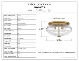 Urban Ambiance - Ceiling Light - UQL6373 Casual Indoor Ceiling Light, 8.25''H x 16.00''W x 16.00''Dep, Brushed Gold Finish, Lacey Collection - 