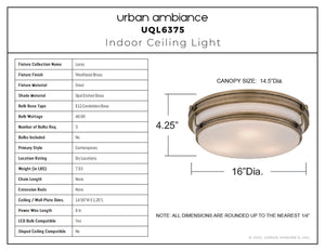 Urban Ambiance - Ceiling Light - UQL6375 Contemporary Indoor Ceiling Light, 4.25''H x 16.00''W x 16.00''Dep, Weathered Brass Finish, Lacey Collection - 