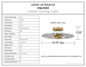 Urban Ambiance - Ceiling Light - UQL6382 Mid Century Modern Indoor Ceiling Light, 5.25''H x 15.75''W x 15.75''Dep, Light Gold Finish, Lacey Collection - 