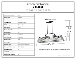 Urban Ambiance - Chandelier - UQL6386 Luxe Industrial Indoor Chandelier, 14.75''H x 48.00''W x 12.00''Dep, Matte Black Finish, Lacey Collection - 