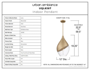 Urban Ambiance - Pendant - UQL6387 Glam Indoor Pendant, 20.25''H x 12.00''W x 12.00''Dep, Bronze Gold Finish, Lacey Collection - 
