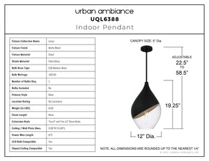 Urban Ambiance - Pendant - UQL6388 Glam Indoor Pendant, 20.25''H x 12.00''W x 12.00''Dep, Matte Black Finish, Lacey Collection - 