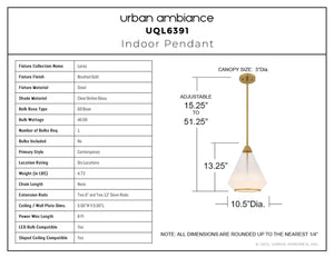 Urban Ambiance - Pendant - UQL6391 Contemporary Indoor Pendant, 13.25''H x 10.50''W x 10.50''Dep, Brushed Gold Finish, Lacey Collection - 