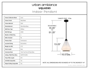 Urban Ambiance - Pendant - UQL6393 Contemporary Indoor Pendant, 13.25''H x 10.50''W x 10.50''Dep, Matte Black Finish, Lacey Collection - 