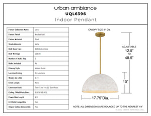 Urban Ambiance - Pendant - UQL6396 Modern Rustic Indoor Pendant, 10.00''H x 17.75''W x 17.75''Dep, Brushed Gold Finish, Lacey Collection - 