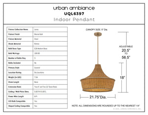 Urban Ambiance - Pendant - UQL6397 Coastal Indoor Pendant, 18.00''H x 21.75''W x 21.75''Dep, Bronze Gold Finish, Lacey Collection - 