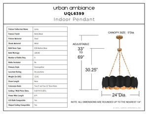 Urban Ambiance - Pendant - UQL6399 Cosmopolitan Indoor Pendant, 30.25''H x 24.00''W x 24.00''Dep, Matte Black Finish, Lacey Collection - 