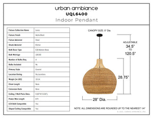 Urban Ambiance - Pendant - UQL6400 Coastal Indoor Pendant, 28.75''H x 28.00''W x 28.00''Dep, Matte Black Finish, Lacey Collection - 
