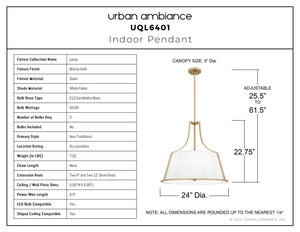 Urban Ambiance - Pendant - UQL6401 New Traditional Indoor Pendant, 22.75''H x 24.00''W x 24.00''Dep, Bronze Gold Finish, Lacey Collection - 