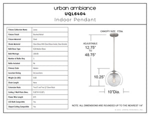 Urban Ambiance - Pendant - UQL6404 Modern Indoor Pendant, 10.25''H x 10.00''W x 10.00''Dep, Brushed Nickel Finish, Lacey Collection - 