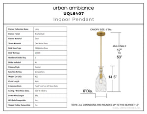 Urban Ambiance - Pendant - UQL6407 Coastal Indoor Pendant, 14.50''H x 6.00''W x 6.00''Dep, Brushed Gold Finish, Lacey Collection - 