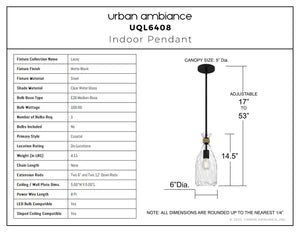 Urban Ambiance - Pendant - UQL6408 Coastal Indoor Pendant, 14.50''H x 6.00''W x 6.00''Dep, Matte Black Finish, Lacey Collection - 