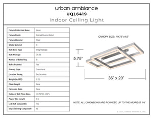Urban Ambiance - Ceiling Light - UQL6419 Transitional Indoor Ceiling Light, 5.75''H x 36.00''W x 20.00''Dep, Painted Brushed Nickel Finish, Lacey Collection - 