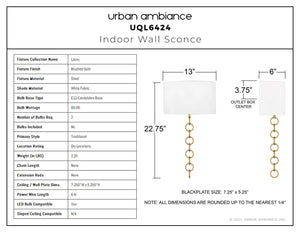 Urban Ambiance - Wall Sconce - UQL6424 Traditional Indoor Wall Sconce, 22.75''H x 13.00''W x 6.00''Dep, Brushed Gold Finish, Lacey Collection - 