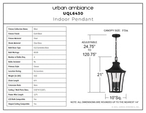 Urban Ambiance - Pendant - UQL6430 Classic Indoor Pendant, 21.00''H x 10.00''W x 10.00''Dep, Earth Black Finish, Biloxi Collection - 