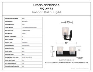 Urban Ambiance - Bath Light - UQL6442 Transitional Indoor Bath Light, 7.25''H x 16.00''W x 6.75''Dep, Matte Black Finish, Wylie Collection - 