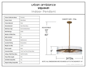 Urban Ambiance - Pendant - UQL6451 Mediterranean Indoor Pendant, 6.00''H x 24.00''W x 24.00''Dep, Matte Black Finish, Pittsfield Collection - 