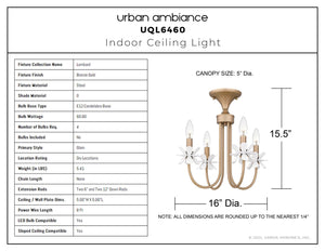 Urban Ambiance - Ceiling Light - UQL6460 Glam Indoor Ceiling Light, 15.50''H x 16.00''W x 16.00''Dep, Bronze Gold Finish, Lombard Collection - 