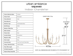 Urban Ambiance - Chandelier - UQL6463 Glam Indoor Chandelier, 27.50''H x 42.00''W x 42.00''Dep, Bronze Gold Finish, Lombard Collection - 