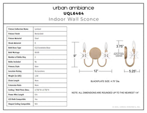 Urban Ambiance - Wall Sconce - UQL6464 Glam Indoor Wall Sconce, 9.00''H x 12.00''W x 5.25''Dep, Bronze Gold Finish, Lombard Collection - 