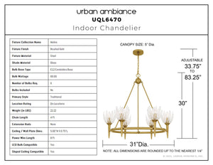 Urban Ambiance - Chandelier - UQL6470 Traditional Indoor Chandelier, 30.00''H x 31.00''W x 31.00''Dep, Brushed Gold Finish, Moline Collection - 