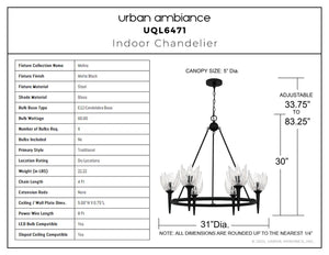 Urban Ambiance - Chandelier - UQL6471 Traditional Indoor Chandelier, 30.00''H x 31.00''W x 31.00''Dep, Matte Black Finish, Moline Collection - 
