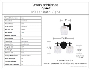 Urban Ambiance - Bath Light - UQL6481 Contemporary Indoor Bath Light, 7.75''H x 13.50''W x 7.00''Dep, Matte Black Finish, Keller Collection - 