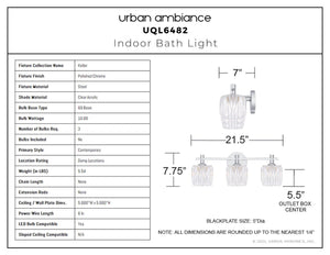 Urban Ambiance - Bath Light - UQL6482 Contemporary Indoor Bath Light, 7.75''H x 21.50''W x 7.00''Dep, Polished Chrome Finish, Keller Collection - 