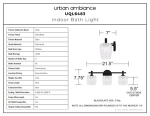 Urban Ambiance - Bath Light - UQL6483 Contemporary Indoor Bath Light, 7.75''H x 21.50''W x 7.00''Dep, Matte Black Finish, Keller Collection - 