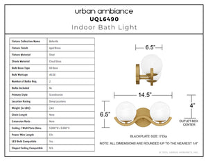 Urban Ambiance - Bath Light - UQL6490 Scandinavian Indoor Bath Light, 6.50''H x 14.50''W x 6.50''Dep, Aged Brass Finish, Belleville Collection - 