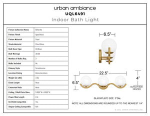 Urban Ambiance - Bath Light - UQL6491 Scandinavian Indoor Bath Light, 6.50''H x 22.50''W x 6.50''Dep, Aged Brass Finish, Belleville Collection - 