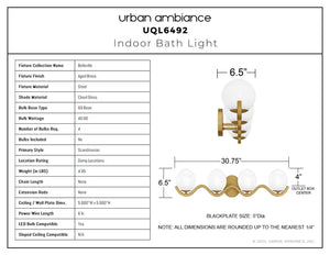 Urban Ambiance - Bath Light - UQL6492 Scandinavian Indoor Bath Light, 6.50''H x 30.75''W x 6.50''Dep, Aged Brass Finish, Belleville Collection - 