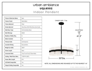 Urban Ambiance - Pendant - UQL6502 Contemporary Indoor Pendant, 12.00''H x 30.00''W x 30.00''Dep, Matte Black Finish, Apex Collection - 