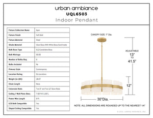 Urban Ambiance - Pendant - UQL6503 Contemporary Indoor Pendant, 12.00''H x 30.00''W x 30.00''Dep, Soft Gold Finish, Apex Collection - 