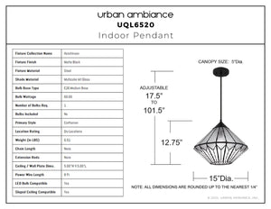 Urban Ambiance - Pendant - UQL6520 Craftsman Indoor Pendant, 12.75''H x 15.00''W x 15.00''Dep, Matte Black Finish, Hutchinson Collection - 