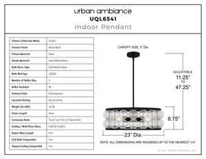 Urban Ambiance - Pendant - UQL6541 Contemporary Indoor Pendant, 8.75''H x 23.00''W x 23.00''Dep, Matte Black Finish, Findlay Collection - 