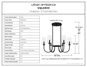Urban Ambiance - Chandelier - UQL6550 Transitional Indoor Chandelier, 14.25''H x 28.00''W x 28.00''Dep, Matte Black Finish, Linden Collection - 