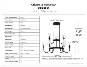 Urban Ambiance - Chandelier - UQL6551 Transitional Indoor Chandelier, 23.75''H x 36.00''W x 36.00''Dep, Matte Black Finish, Linden Collection - 